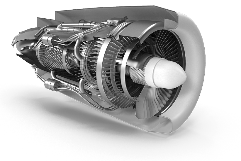 Cross-section of an aircraft engine, showing complex metalworking.