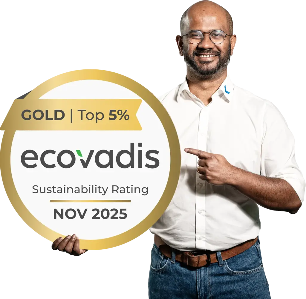 Man points to SPALECK's EcoVadis Gold Award for sustainability.