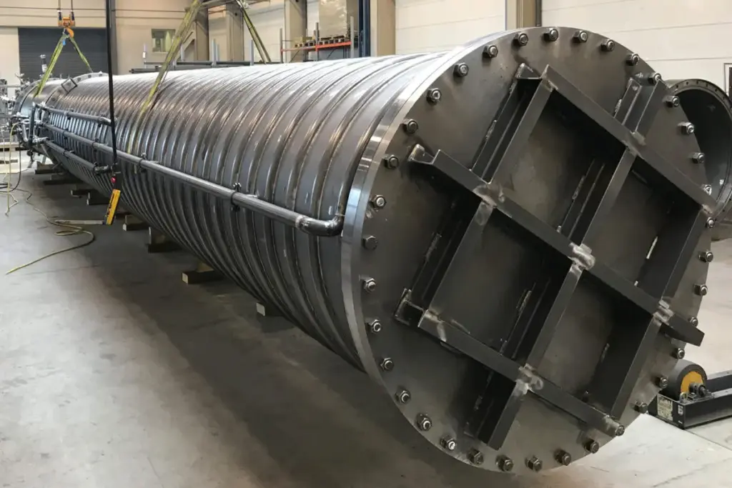 Large cylindrical metal component in a factory, metalworking.