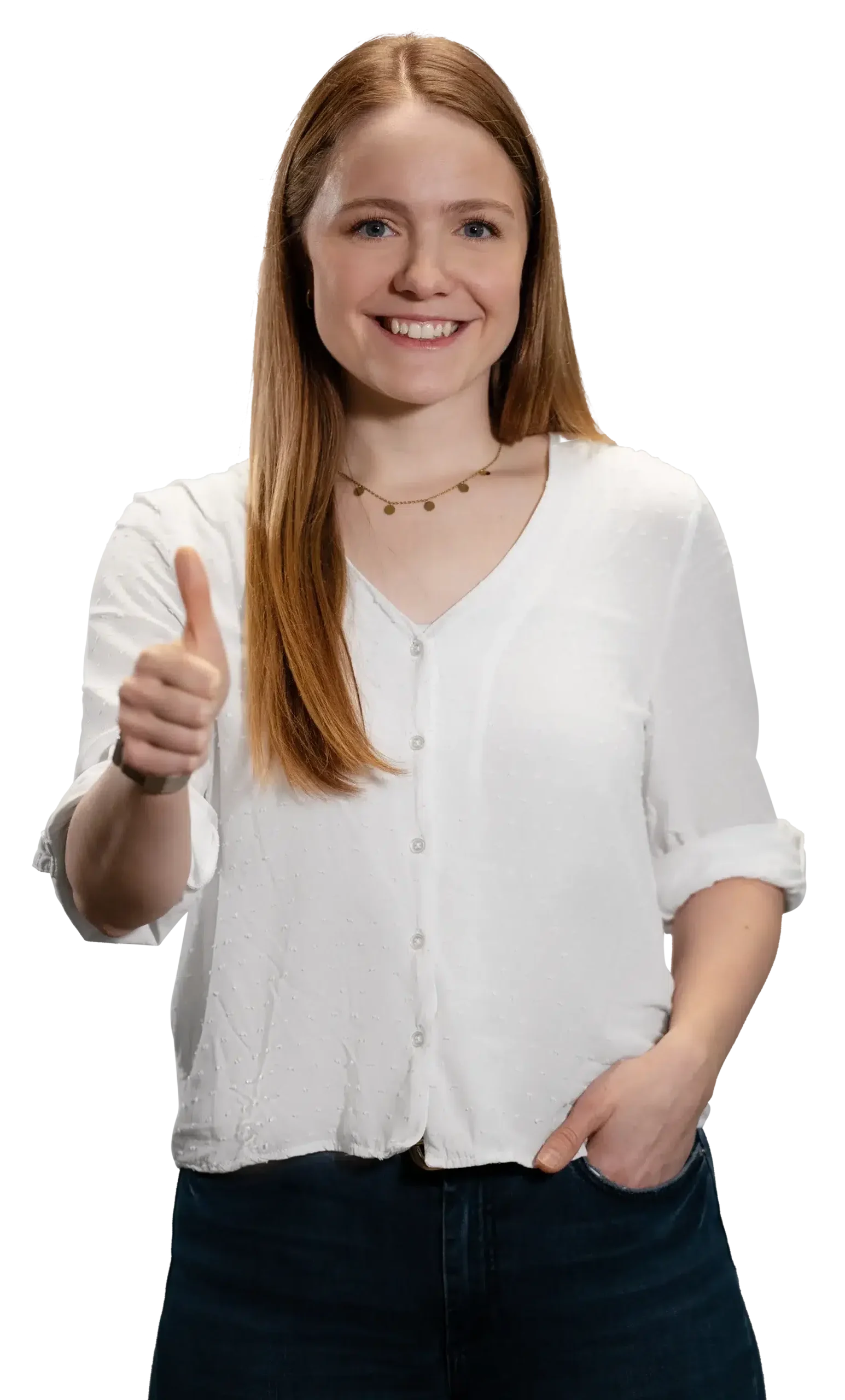 A woman giving a thumbs-up, smiling at the camera.