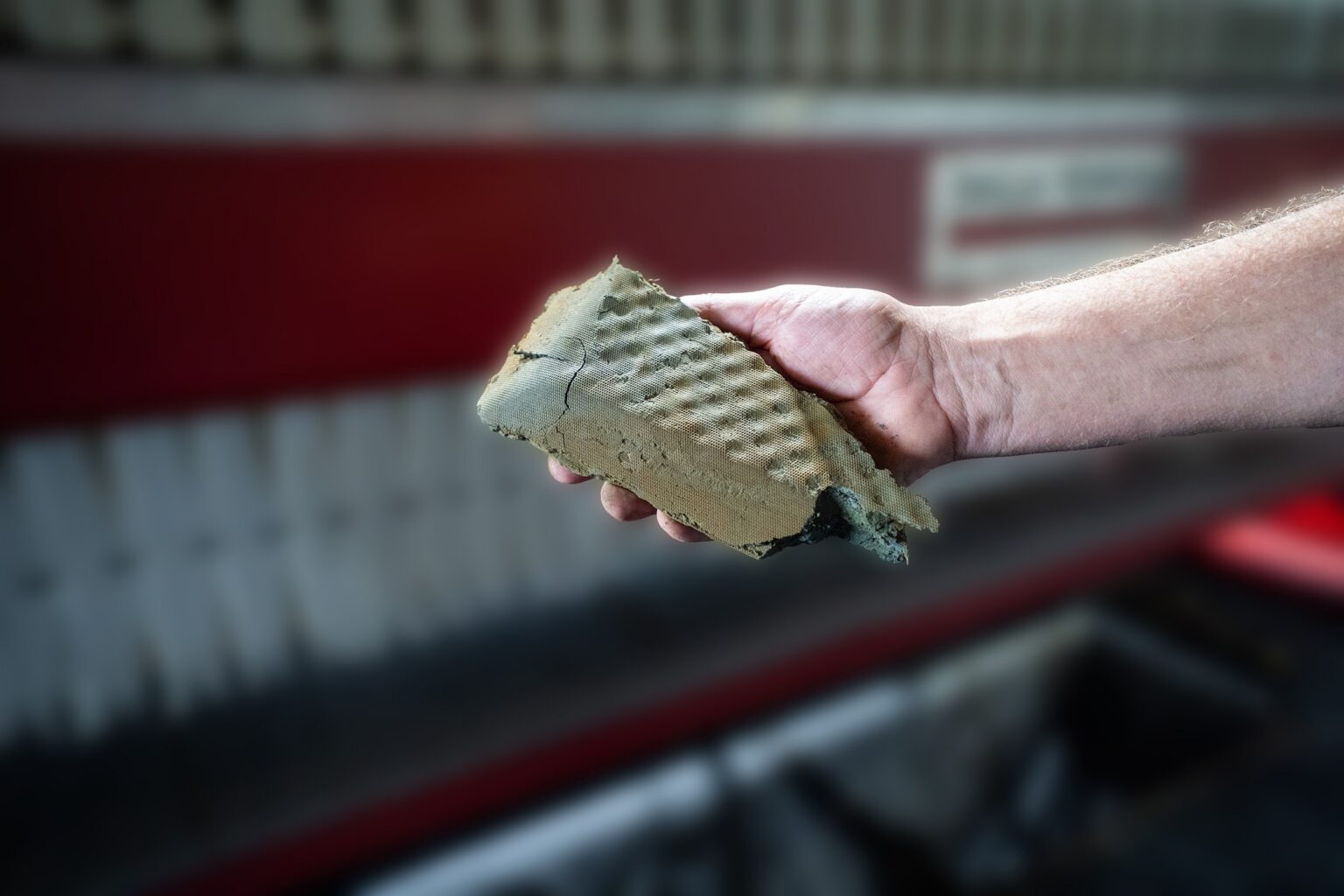Someone is holding up the dewatered filter cake after sludge dewatering in front of a chamber filter press
