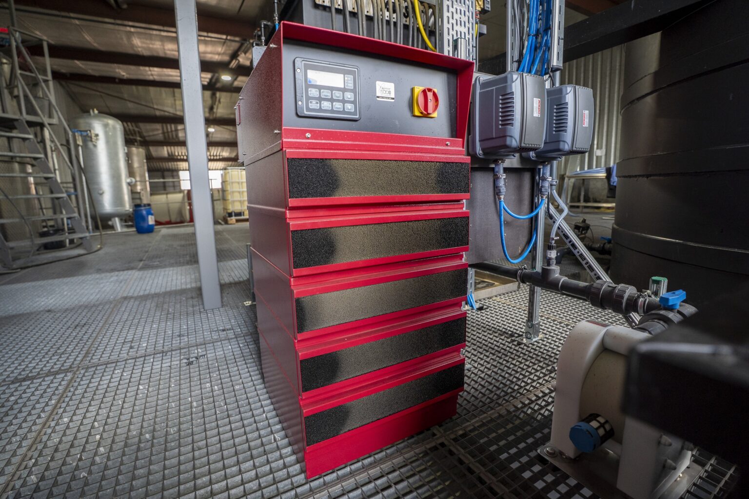 Industrial water treatment plant using electrocoagulation.