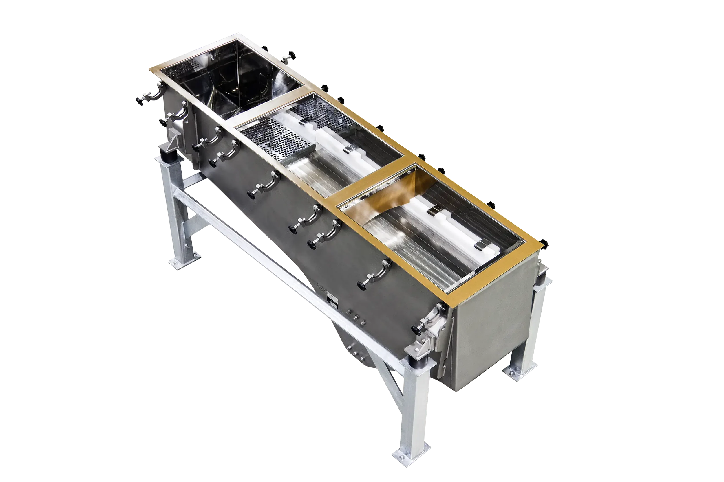 Industrial metal vibrating chute for conveying bulk materials.