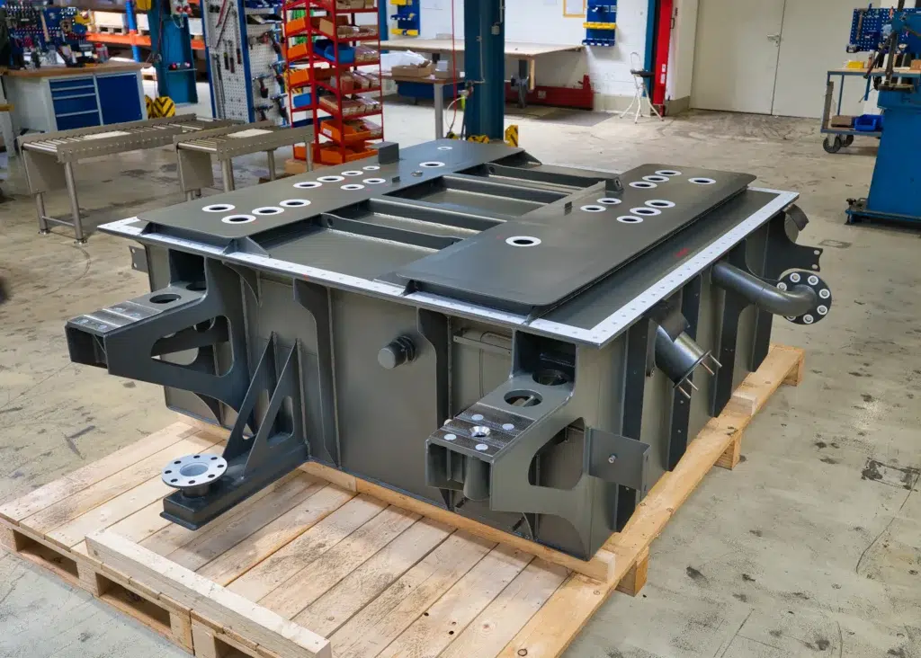 High-quality transformer tank manufactured in accordance with DIN EN 15085-2 CL1, including welding, machining, and surface finishing by SPALECK.