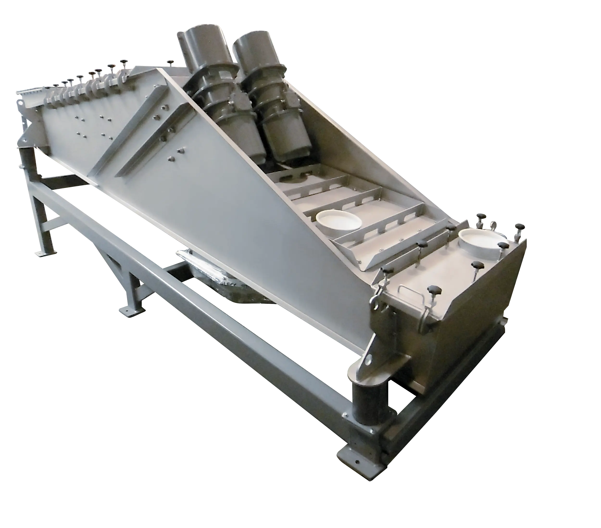 Industrial vibrating conveyor with two motors for material handling.